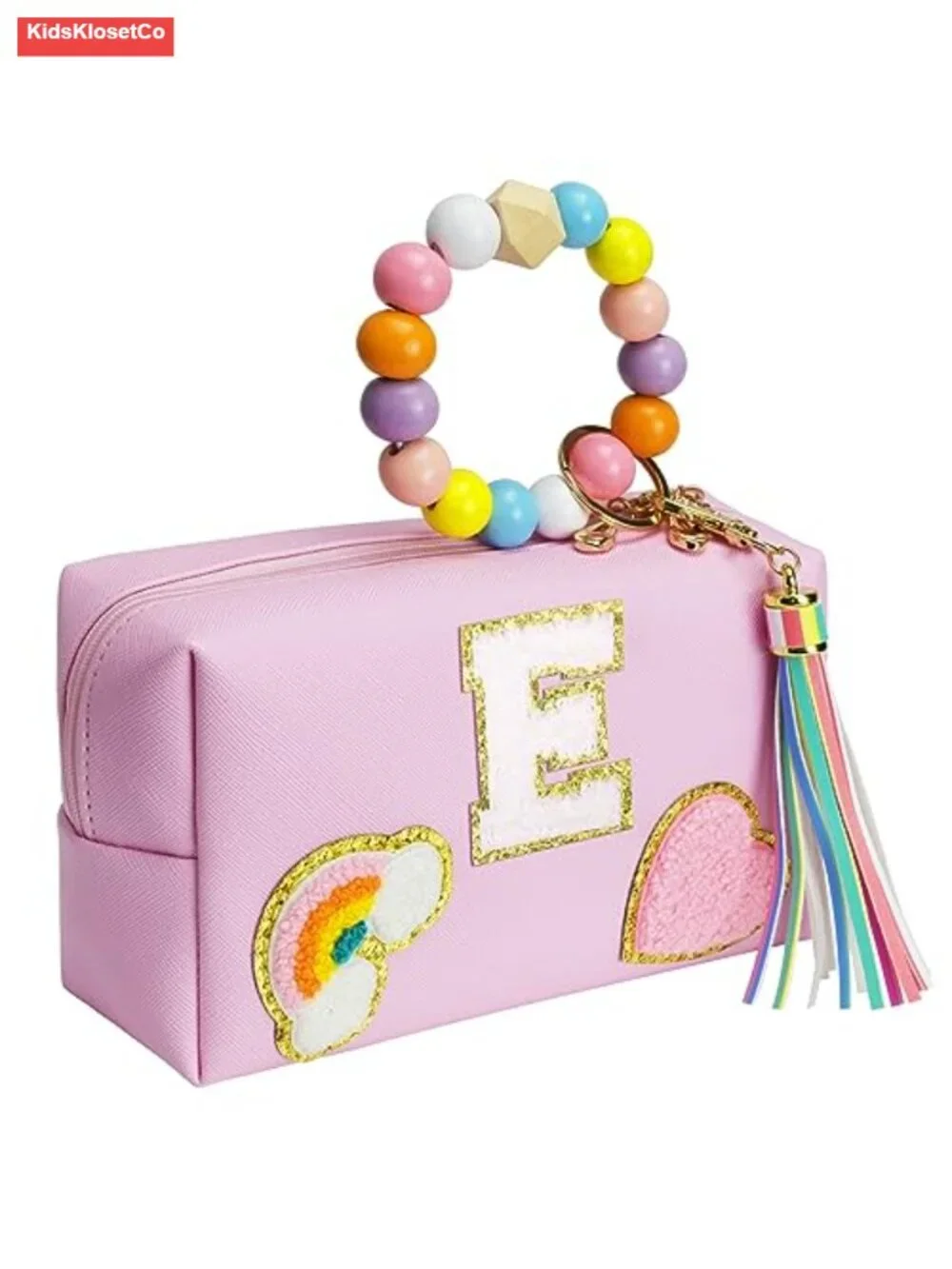 Makeup Bag with Gold Glitter Chenille Patch, PU Leather, Detachable Wristlet